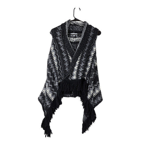San‎ Lorenzo Womens S Shrug Sweater Shawl Aztec Fringe Black White Wool Alpaca - Picture 1 of 9
